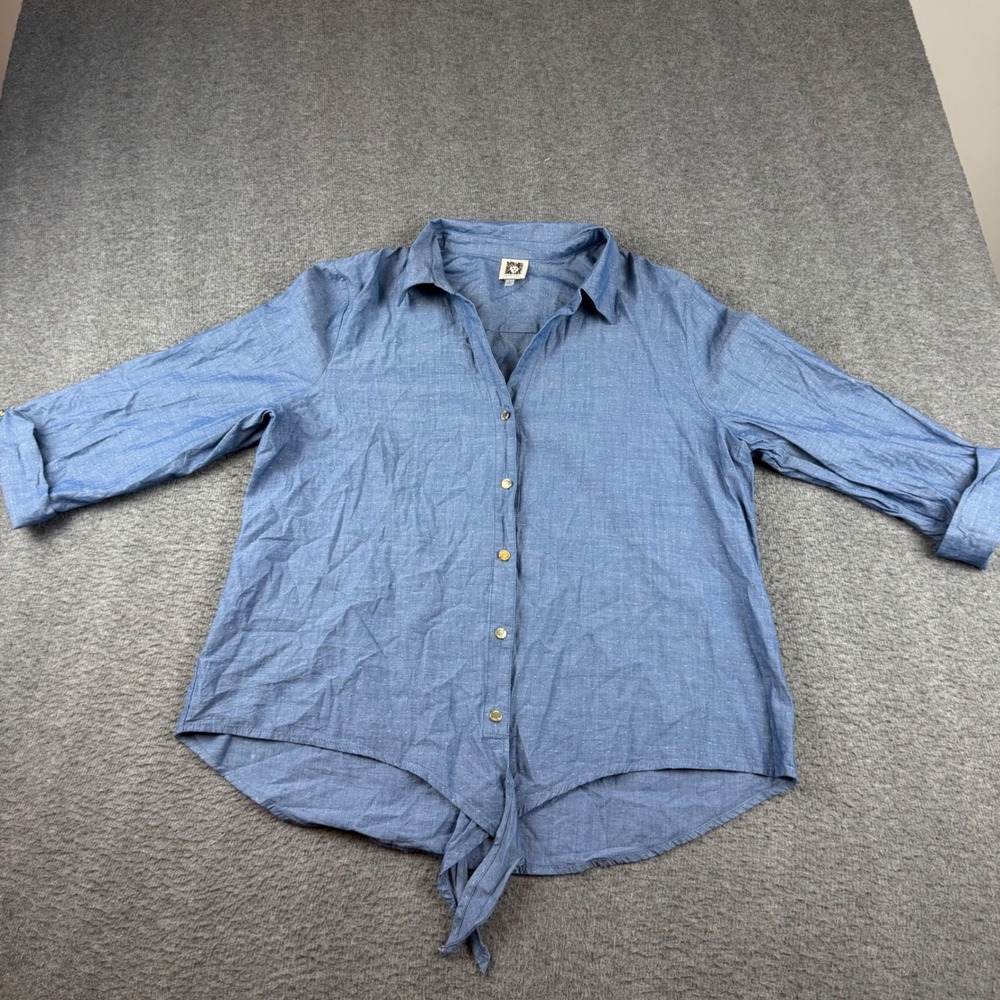 Anne Klein Button Up Women's Large Blue Tie Front Dobby Cotton Blouse